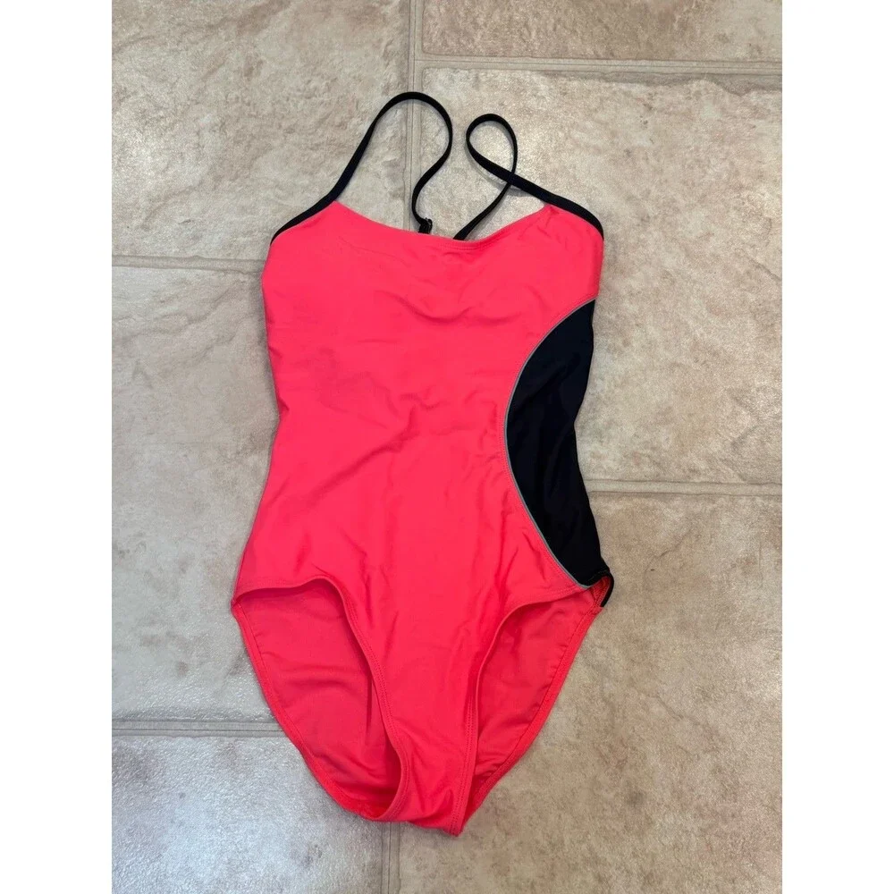 Athletech Girls Size 8 One Piece Swimsuit Coral Black Colorblock Cutout Swim